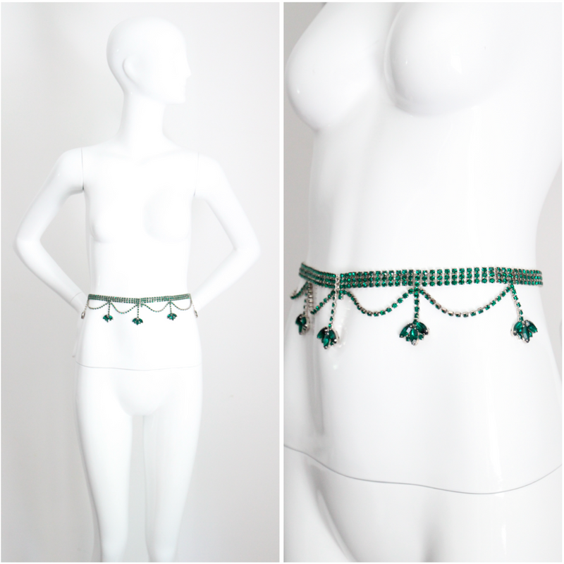 "Emerald Rhinestone Droplets" vintage 1960's Emerald Rhinestone Waist Belt UK 10 US 6