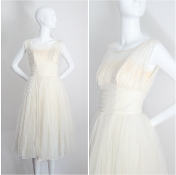 "Pleats & Lace" Vintage 1950's Ivory and Cream Emma Domb Dress UK 6-8 US 2-4