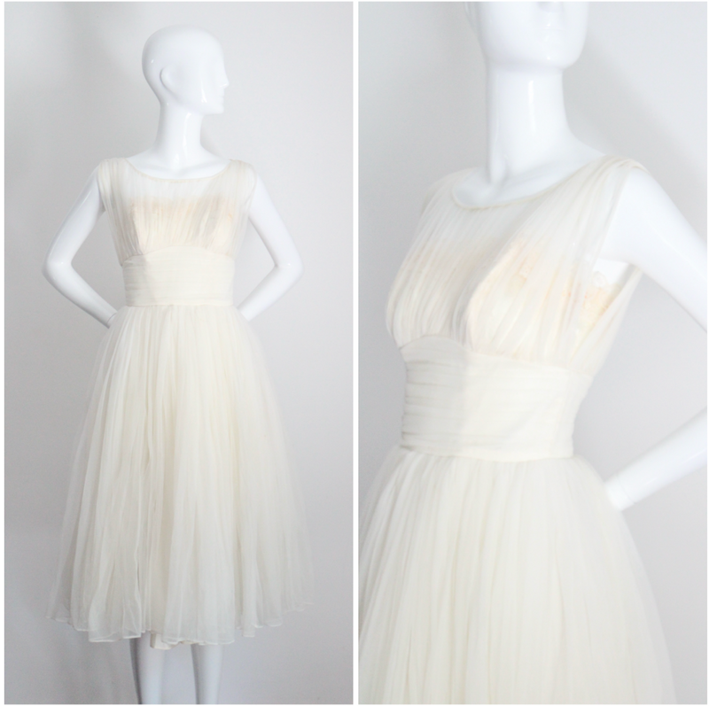 "Pleats & Lace" Vintage 1950's Ivory and Cream Emma Domb Dress UK 6-8 US 2-4