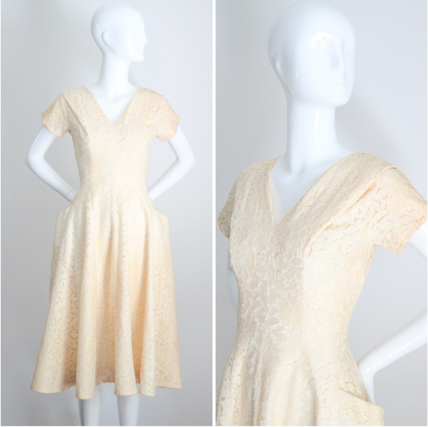 "Buttercream Lace" Vintage 1940's Cream Lace Dress UK 8-10 US 4-6