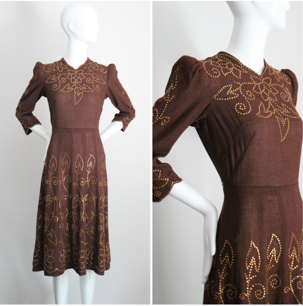 "Gold Studded Lotus" Vintage 1940's Gold Studded Lotus Pattern Dress UK 10-12 US 6-8