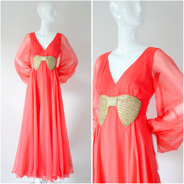 "Silver Beaded Bow" Vintage 1960's Silver Bow & Coral Chiffon Dress UK 10-12 US 6-8
