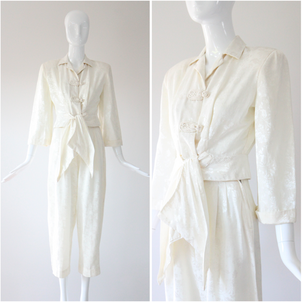 "Ivory Brocade" Vintage 1940's Ivory Floral Silk Brocade Loungewear Set UK 4 US 0