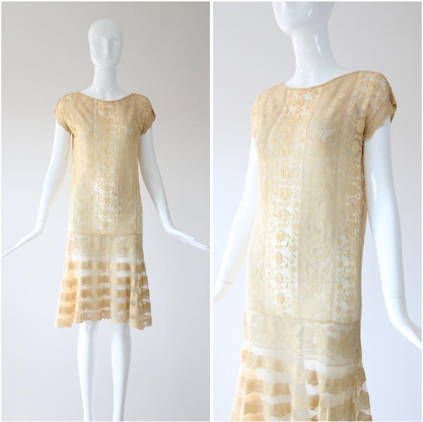 "Cream Floral Lace" Vintage 1920's Cream Lace Dress UK 8-10 US 4-6