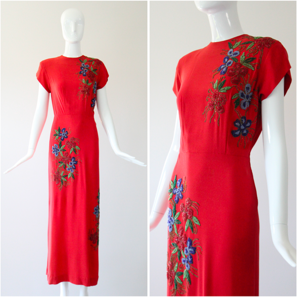 "Soutache Beadwork" Vintage 1940's Red Crepe Silk Soutache Floral Beaded Gown UK 10 US 6