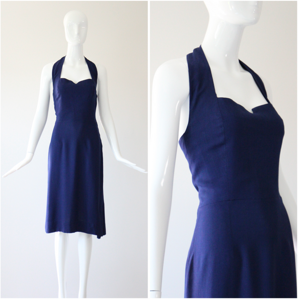 "French Navy" Vintage 1940's Navy Blue Cotton Halter Neck Dress UK 8-10 US 4-6