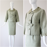 "Sage Green Silk" Vintage 1960's Sage Green Silk Skirt Suit UK 8-10 US 4-6