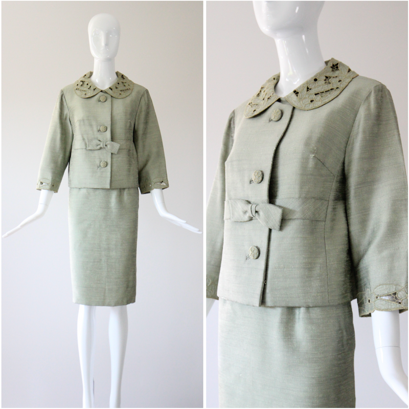 "Sage Green Silk" Vintage 1960's Sage Green Silk Skirt Suit UK 8-10 US 4-6