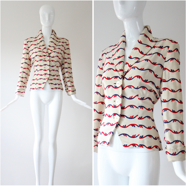 "Linen Embroidery" Vintage 1940's Cream Linen Embroidered Jacket UK 8 US 4