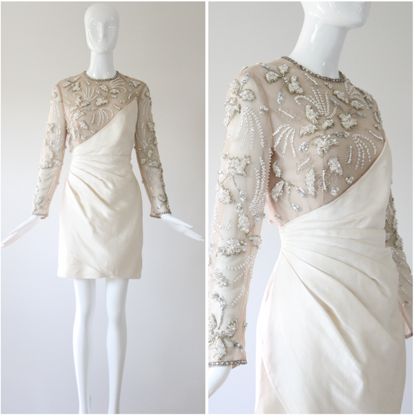 "Trailing Pearls & Satin" Vintage Late 1960's Satin & Tulle Beaded Cocktail Dress UK 10 US 6