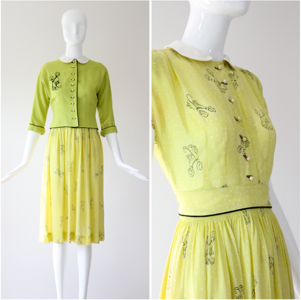 "Chartreuse Companions" Vintage Late 1940's Chartreuse Novelty Print Dress & Jacket Set UK 6 US 2