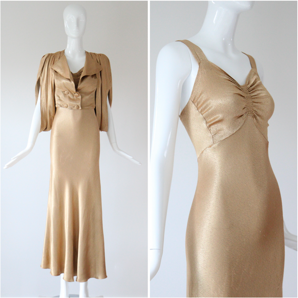 "Just Gold" Vintage 1930's Gold Satin Gown & Jacket Ensemble UK 6-8 US 2-4