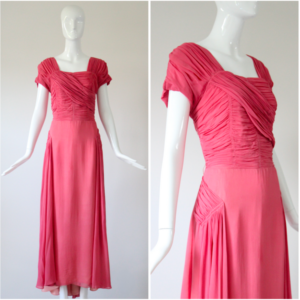 "Rose Silk Chiffon Pleats" Vintage 1940's Rose Silk Chiffon Evening Gown UK 12-14 US 8-10