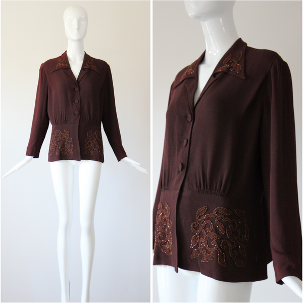 "Bronze Soutache Beadwork" Vintage 1940's Bitter Chocolate Brown Crepe Silk Jacket UK 14 US 10