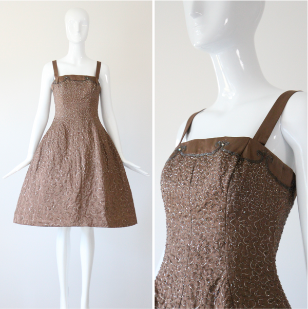 "Swirling Silver Threads & Beadwork" Vintage 1950's Beaded & Embroidered Hooped Satin Cocktail Dress UK 8 US 4