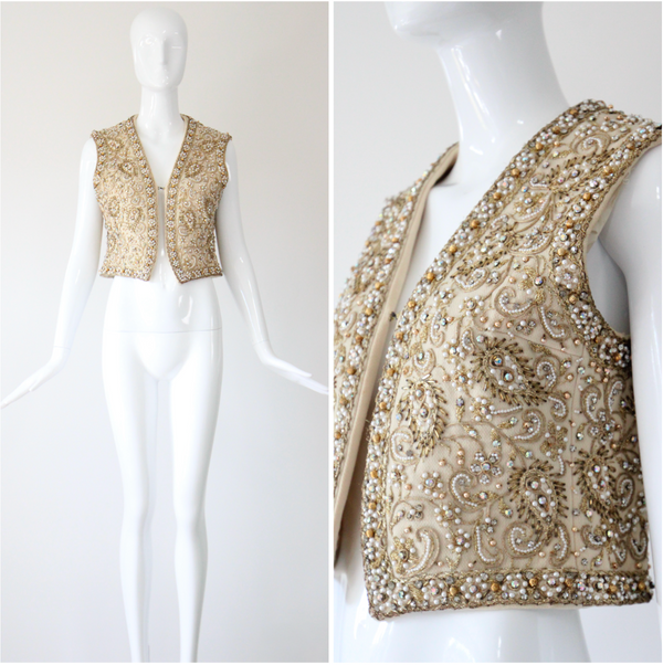 "Larry Aldrich" Vintage 1960's Marie McCarthy For Larry Aldrich Beaded & Embroidered Waistcoat UK 10 US 6