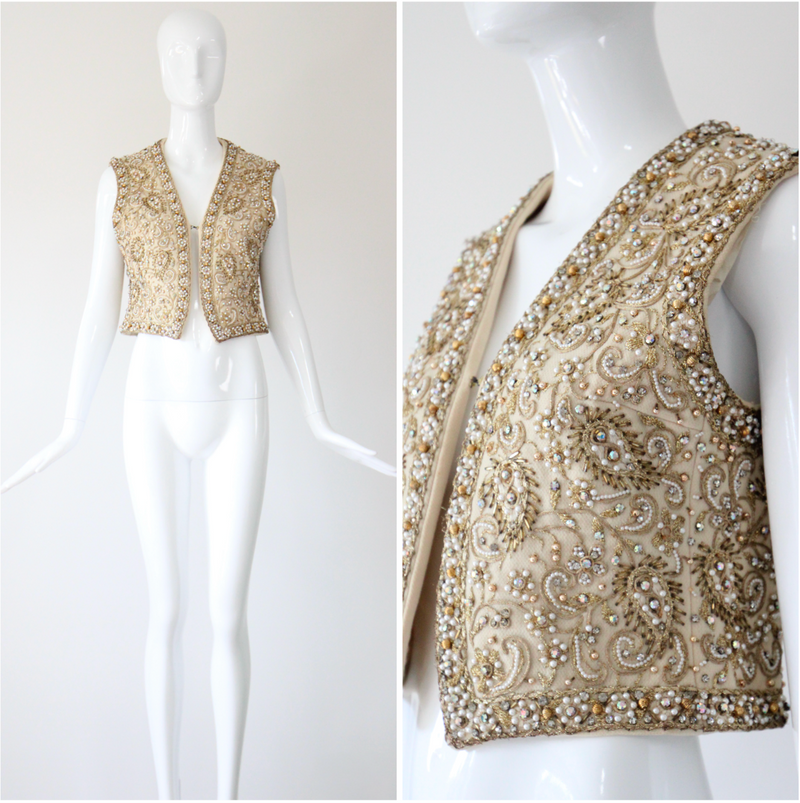 "Larry Aldrich" Vintage 1960's Marie McCarthy For Larry Aldrich Beaded & Embroidered Waistcoat UK 10 US 6