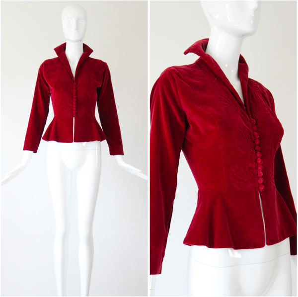 "Autumn Velvet" Vintage 1940's Berry Red Velvet Jacket UK 8 US 4