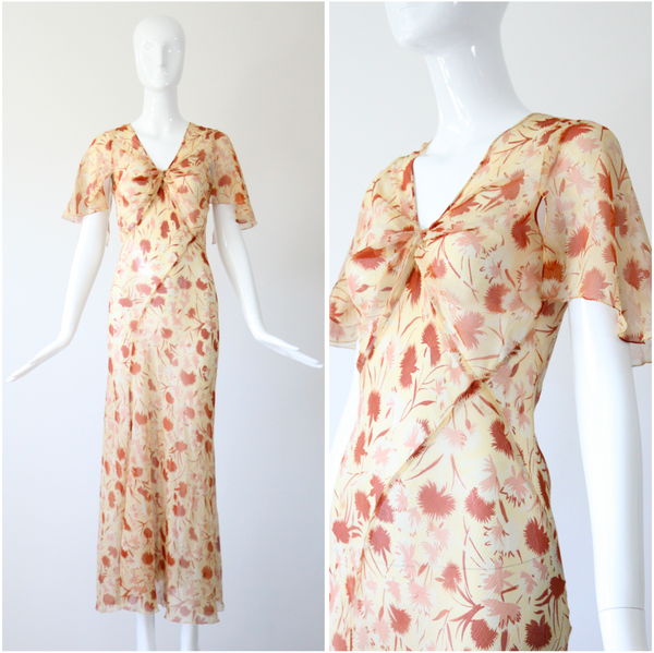 "Fall Florals" Vintage 1930's Floral Silk Chiffon Bias Cut Dress UK 10 US 6