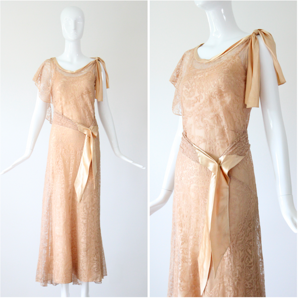 "Champagne Lace & Silk" Vintage 1930's Silk & Lace Evening Gown UK 6-8 US 2-4
