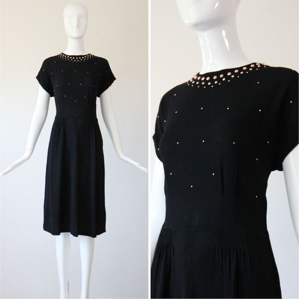"Rose Gold Studs" Vintage 1940's Crepe Silk Studded Dress UK 12 US 8
