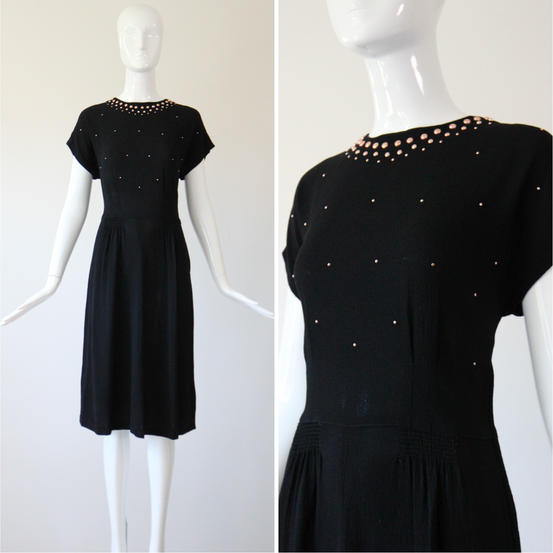 "Rose Gold Studs" Vintage 1940's Crepe Silk Studded Dress UK 12 US 8