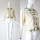 "Trailing Iridescent Florals" Vintage 1950's Cream Wool Embroidered and Beaded Cardigan UK 10 US 6