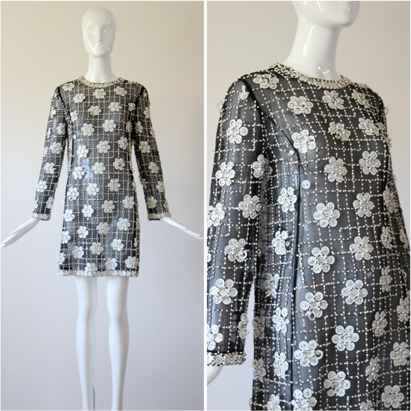 "Monochrome Sequin Daisies" Vintage 1960's Black Silk Organza Beaded Dress UK 8 US 4