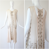 "Blush & Silver Beadwork" Vintage 1920's Blush Silk Chiffon Beaded Dress UK 8-10 US 4-6