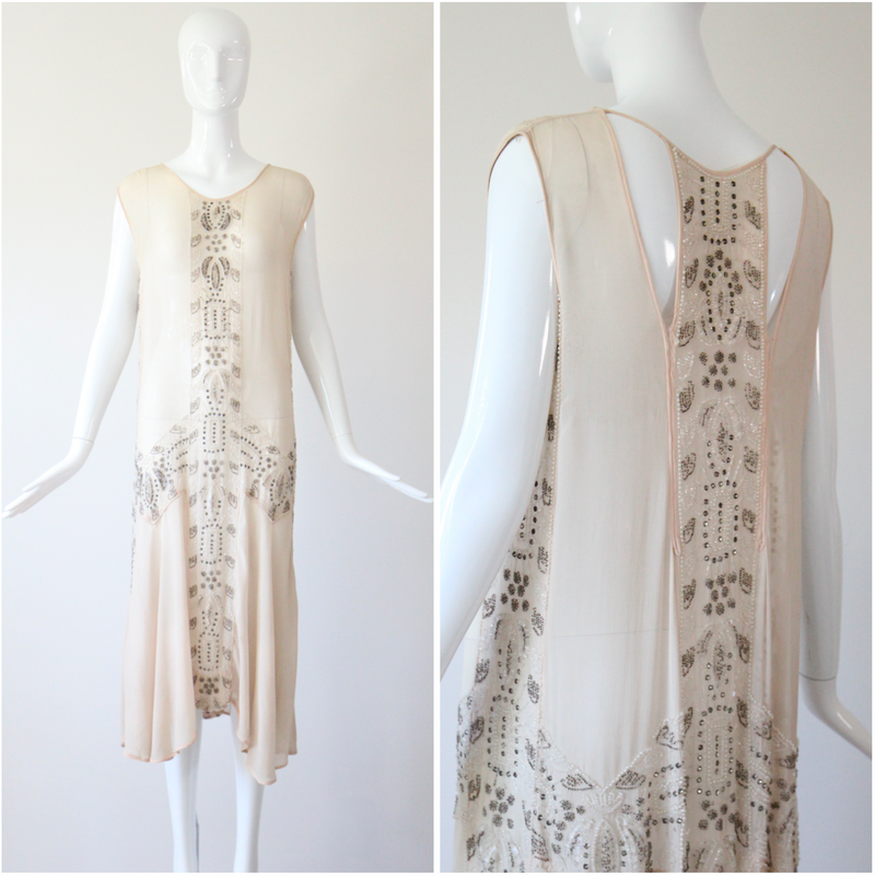 "Blush & Silver Beadwork" Vintage 1920's Blush Silk Chiffon Beaded Dress UK 8-10 US 4-6