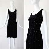 "Velvet & Rhinestones" Vintage 1950's Black Velvet & Rhinestone Embellished Cocktail Dress UK 8 US 4