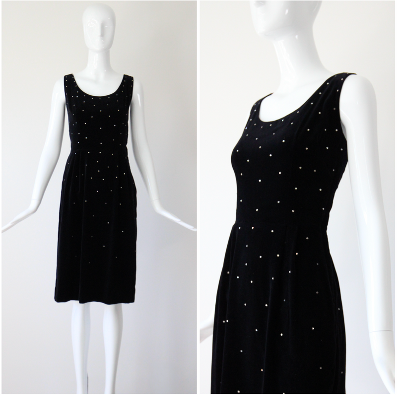 "Velvet & Rhinestones" Vintage 1950's Black Velvet & Rhinestone Embellished Cocktail Dress UK 8 US 4