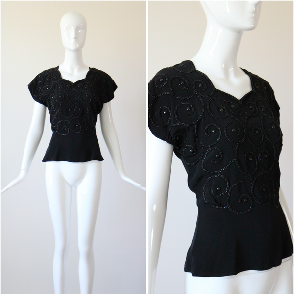 "Soutache & Studs" Vintage 1940's Black Soutache and Stud Embellished Blouse UK 10 US 6