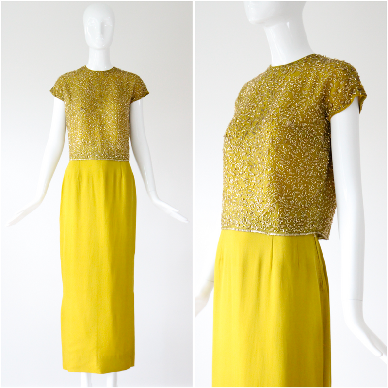 "Chartreuse & Gold" Vintage 1960's Chartreuse Green & Gold Beaded Cocktail Suit UK 8 US 4