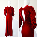 "Crimson Velvet Moons" Vintage 1930's Crimson Silk Velvet Evening Gown UK 8 US 4