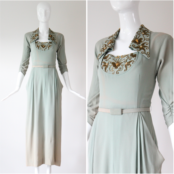 "Eau De Nil & Gold Beadwork" Vintage 1940's Eau De Nil Crepe Silk And Beadwork Evening Gown UK 8-10 US 4-6