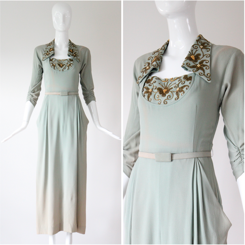"Eau De Nil & Gold Beadwork" Vintage 1940's Eau De Nil Crepe Silk And Beadwork Evening Gown UK 8-10 US 4-6