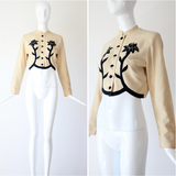 "Rhinestone Buds" Vintage 1940's Cream & Black Floral Linen Jacket UK 10 US 6