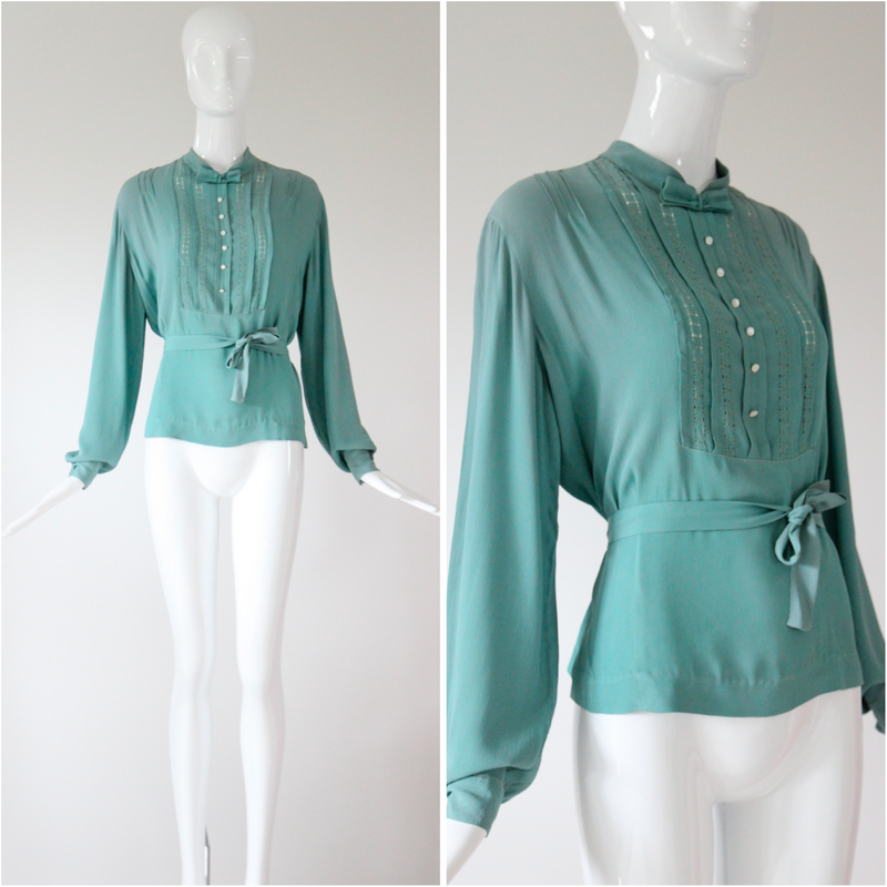 "Eau De Nile Silk" Vintage 1930's Eau De Nil Silk Blouse UK 14 US 10