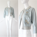 "Rhinestone Butterflies" Vintage 1950's Ice Blue Butterfly Embellished Cardigan UK 8-10 US 4-6