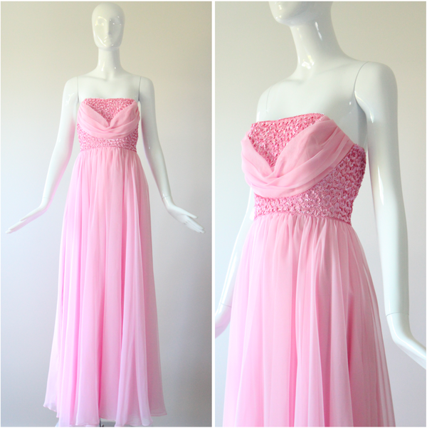 "Pink Sequins & Chiffon" Vintage 1960's Sequin & Chiffon Strapless Evening Gown UK 8 US 4