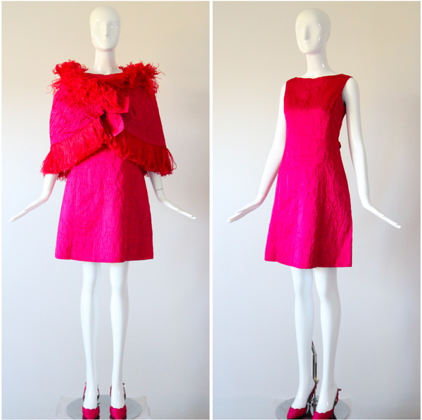 "Tickle Me Pink" Vintage 1960's Satin Matelasse Dress, Capelet & Shoe Set UK 12 US 8