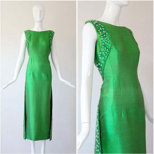 "Trailing Beaded Berries" Vintage 1960's Green Shantung Silk Beaded Evening Gown UK 12-14 US 8-10