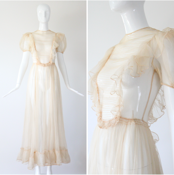 "Organza Pleats" Vintage 1930's Cream Silk Organza Pleated Detail Gown UK 6 US 2