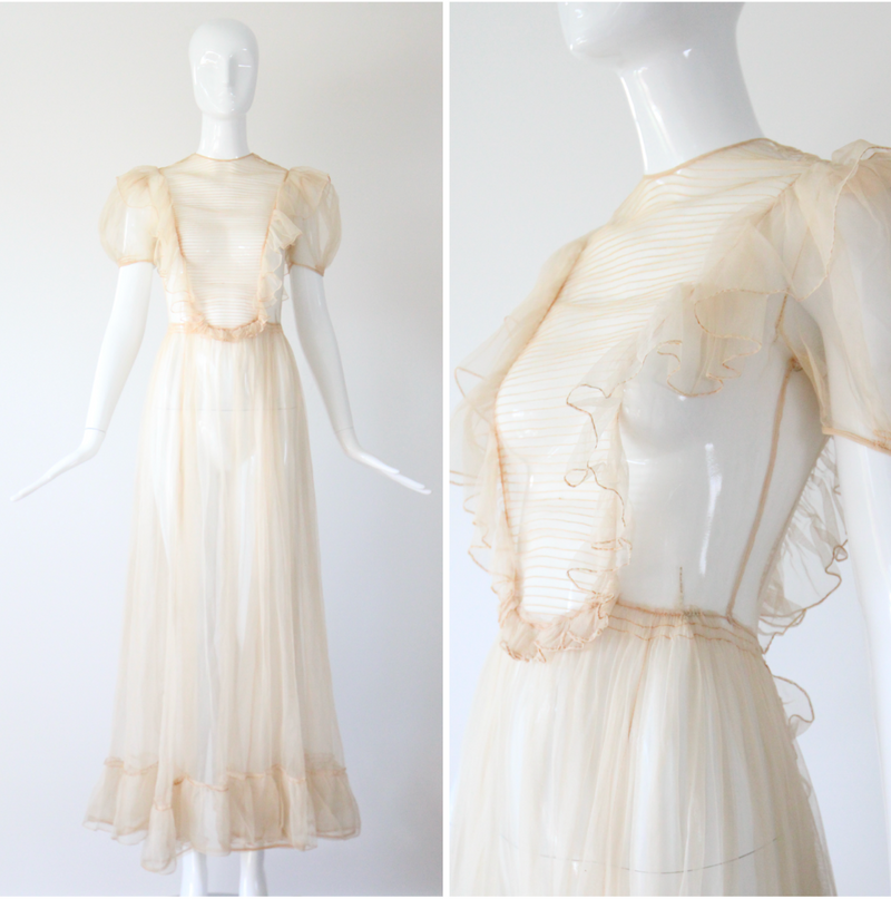 "Organza Pleats" Vintage 1930's Cream Silk Organza Pleated Detail Gown UK 6 US 2
