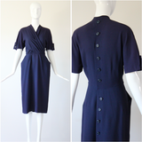 "Navy Blue Pleats" Vintage 1940's Navy Blue Pleated Button Back Dress UK 10 US 6