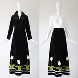 "Pleated Tulips" Vintage 1970's Black Velvet Tulip Detail Skirt & Jacket Set UK 8 US 4