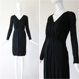 "Draped Pleats" Vintage 1950's Black Silk Jersey Ceil Chapman Pleated Dress UK 8 US 4