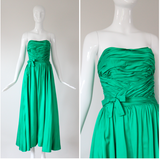 "Emerald Satin Pleats" Vintage 1950's Emerald Green Satin Strapless Dress UK 6 US 2