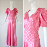 "Sugar Pink Pleats" Vintage 1930's Pink Rayon Satin Evening Gown UK 10 US 6